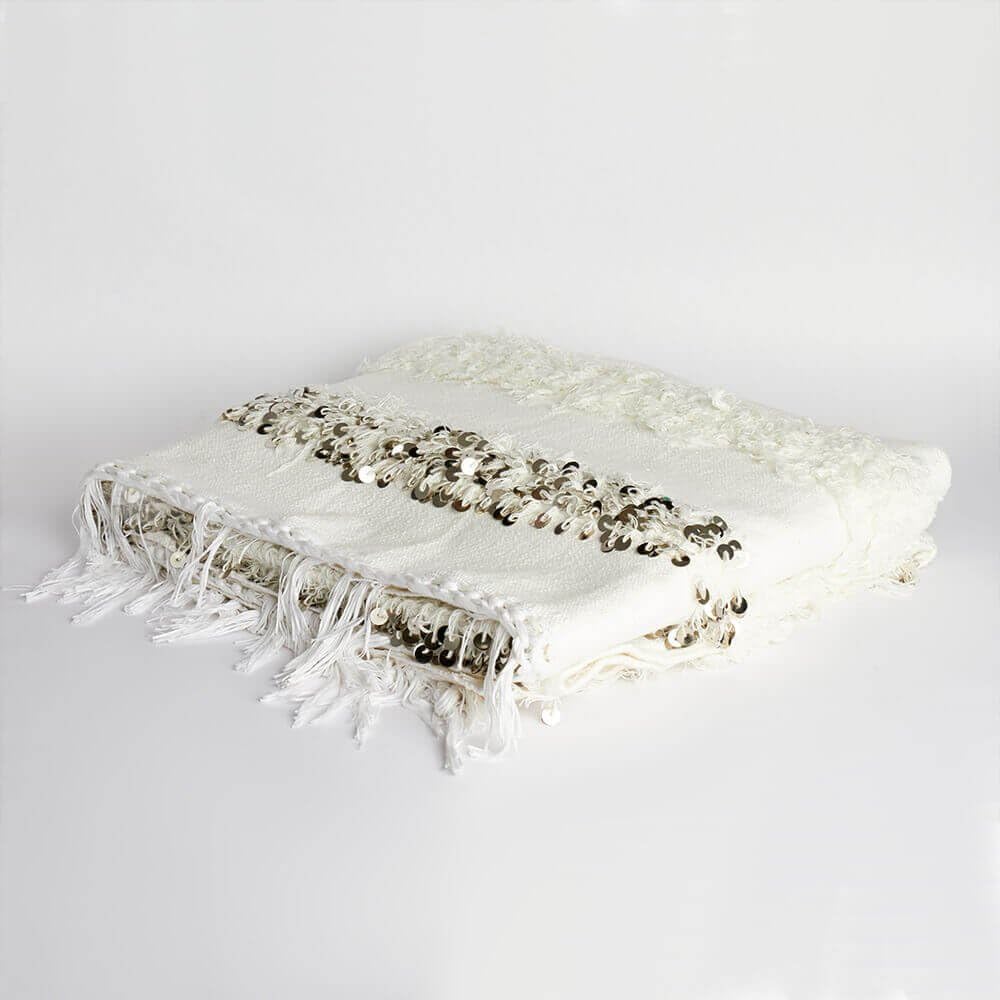 MOROCCAN WEDDING BLANKET: Handwoven Moroccan Wedding Blanket, Woold and Cotton with Sequins, White and Silver, 46" x 65"