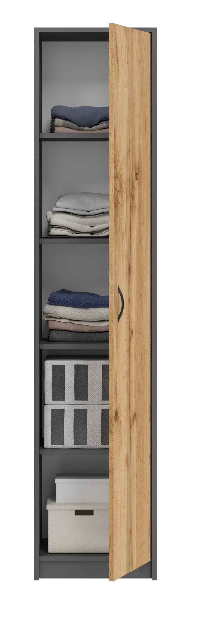 Büroschrank Aktenschrank Kleiderschrank Mehrzweckschrank Büroregal mit 1 Tür und 5 Fächern Universeller Schrank für Büro und Zuhause 180x40x35 cm (Grafit/Eiche Wotan)