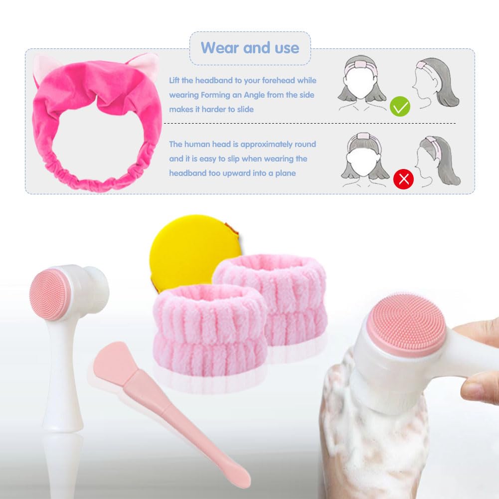 Manual Facial Cleansing Brush, Face Washing Tools,Headbands, Wrist Band ?Facial Mask Brush and Powder Puff?Pink)