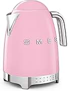 Smeg 7-Cup Variable Temperature Electric Kettle - Retro Style Aesthetic with Advanced Technology - Stainless Steel, 1400W, 120V, 360° Swivel Base, Keep Warm Function (Pink)