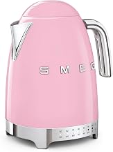 SMEG 7-Cup Variable Temperature Electric Kettle - Retro Style Aesthetic with Advanced Technology - Stainless Steel, 1400W, 120V, 360° Swivel Base, Keep Warm Function (Pink)