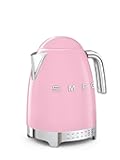 SMEG 7-Cup Variable Temperature Electric Kettle - Retro Style Aesthetic with Advanced Technology - Stainless Steel, 1400W, 120V, 360° Swivel Base, Keep Warm Function (Pink)