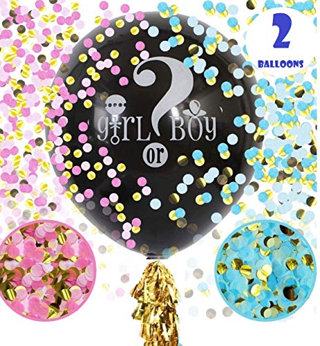 Yuvia Baby Gender Reveal balloons Confetti | 2x 36 inch Jumbo Black Balloon with Pink Blue and Gold Confetti Packs| 5 Gold Tassels | Baby Shower Gender Reveal Party Supplies Revelacion del Sexo del Bebe