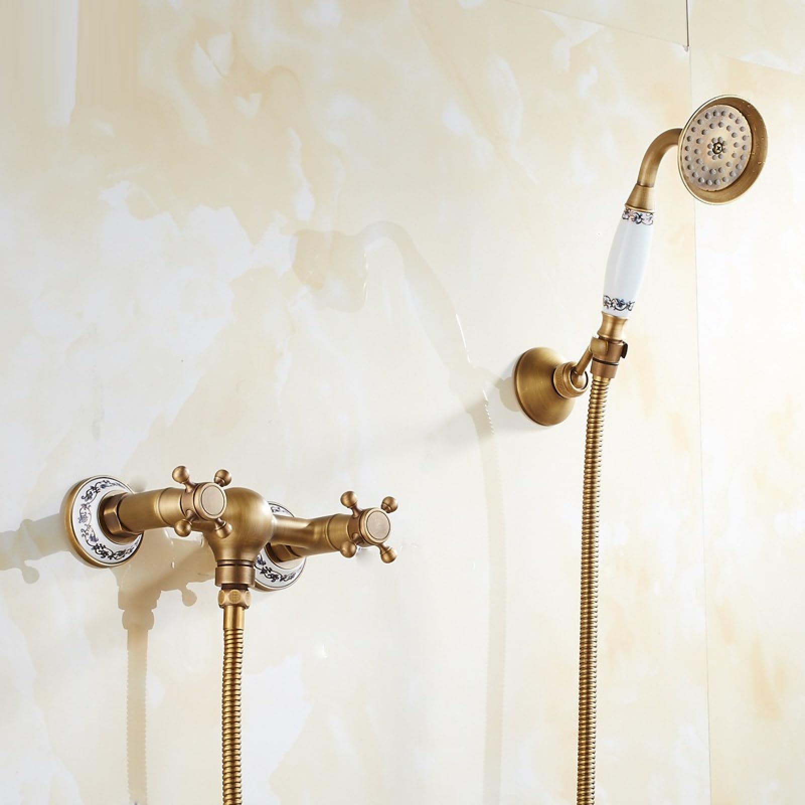 Fanjubei Antique-Style Blue-And-White Porcelain Bathroom Simple Hot And Cold Water Handheld Copper Shower Set, Antique-Style Blue And White Porcelain