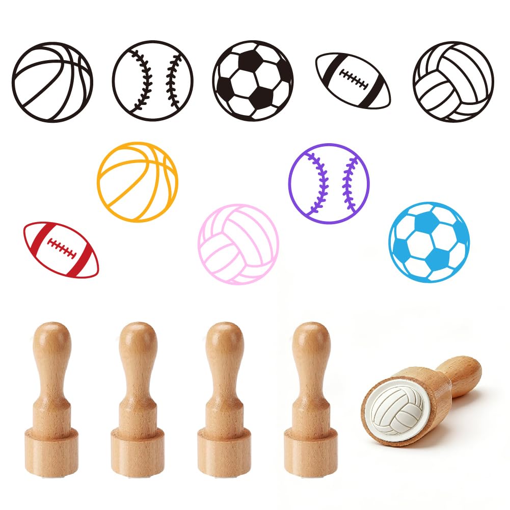PRESSINART 5Pcs 5 Styles Mini Wooden Stamps 0.6 Inch, Rubber Stamp Soccer Basketball Volleyball Rugby Baseball Pattern Round Reusable Seal for DIY Scrapbooking Card Making Decoration(No Ink Include)