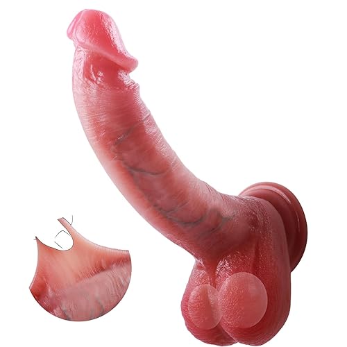 Uncut Realistic Dildos Foreskin Dildo with Movable Balls,Liquid Silicone Real Skin Dildo with Suction Cup, Strap-On Harness Sex Toys for Men and Women G Spot Pleasure Vaginal or Anal Play - A-8.3in - dildo