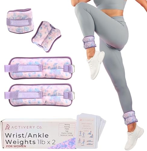 Wrist & Ankle Weights for Women, Ideal for Fitness Workout, Gym, Pilates, Dance, or Yoga, Includes Exercise Guide & Mesh Travel Bag, 1 Pair, 1 Lb