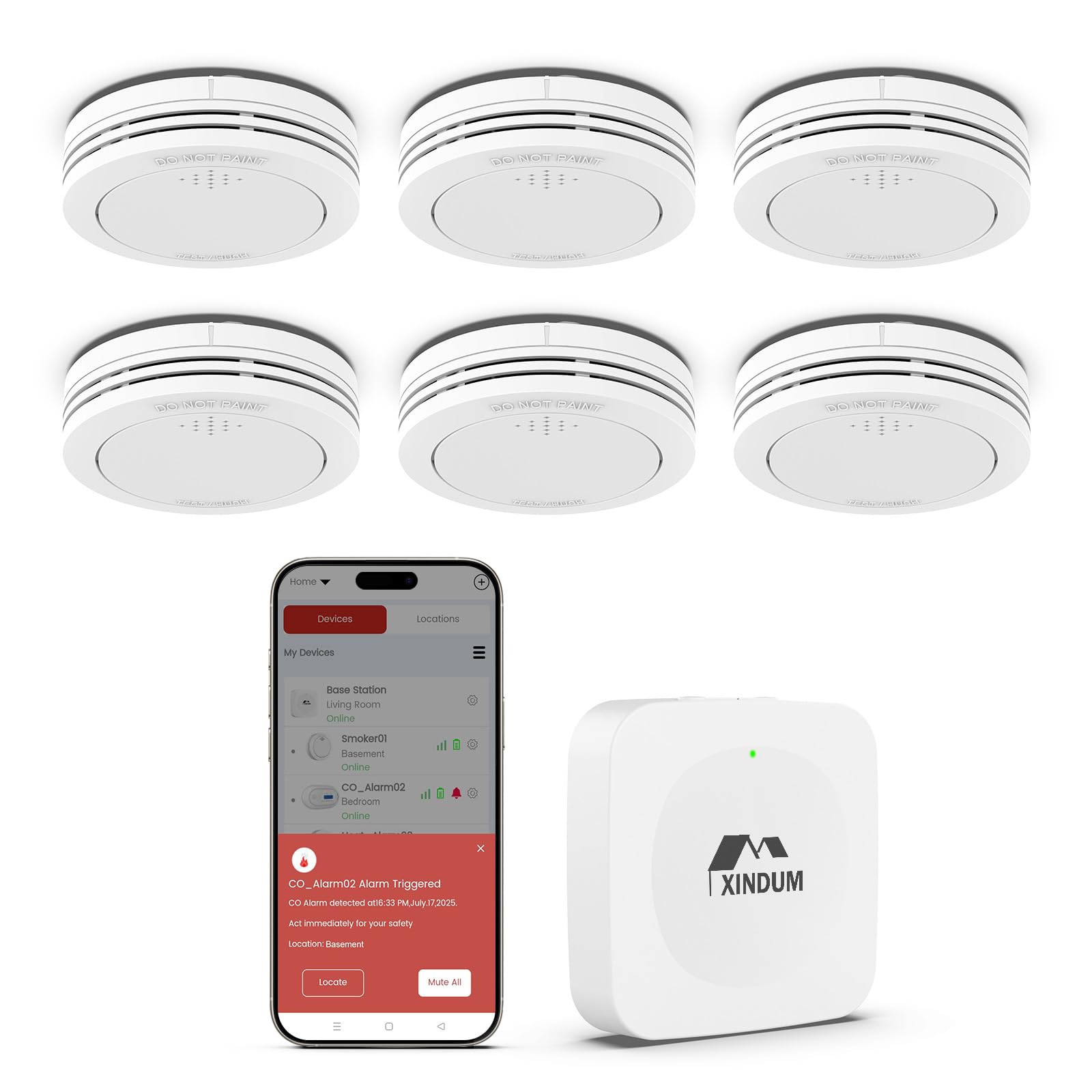 XINDUM 10 Jahre Rauchmelder mit Basisstation Smart Feueralarm 6 Set | TÜV-Rheinland zertifiziert nach EN 14604 Vernetzter Feuermelder mit austauschbarer Batterie kompatibel mit APP