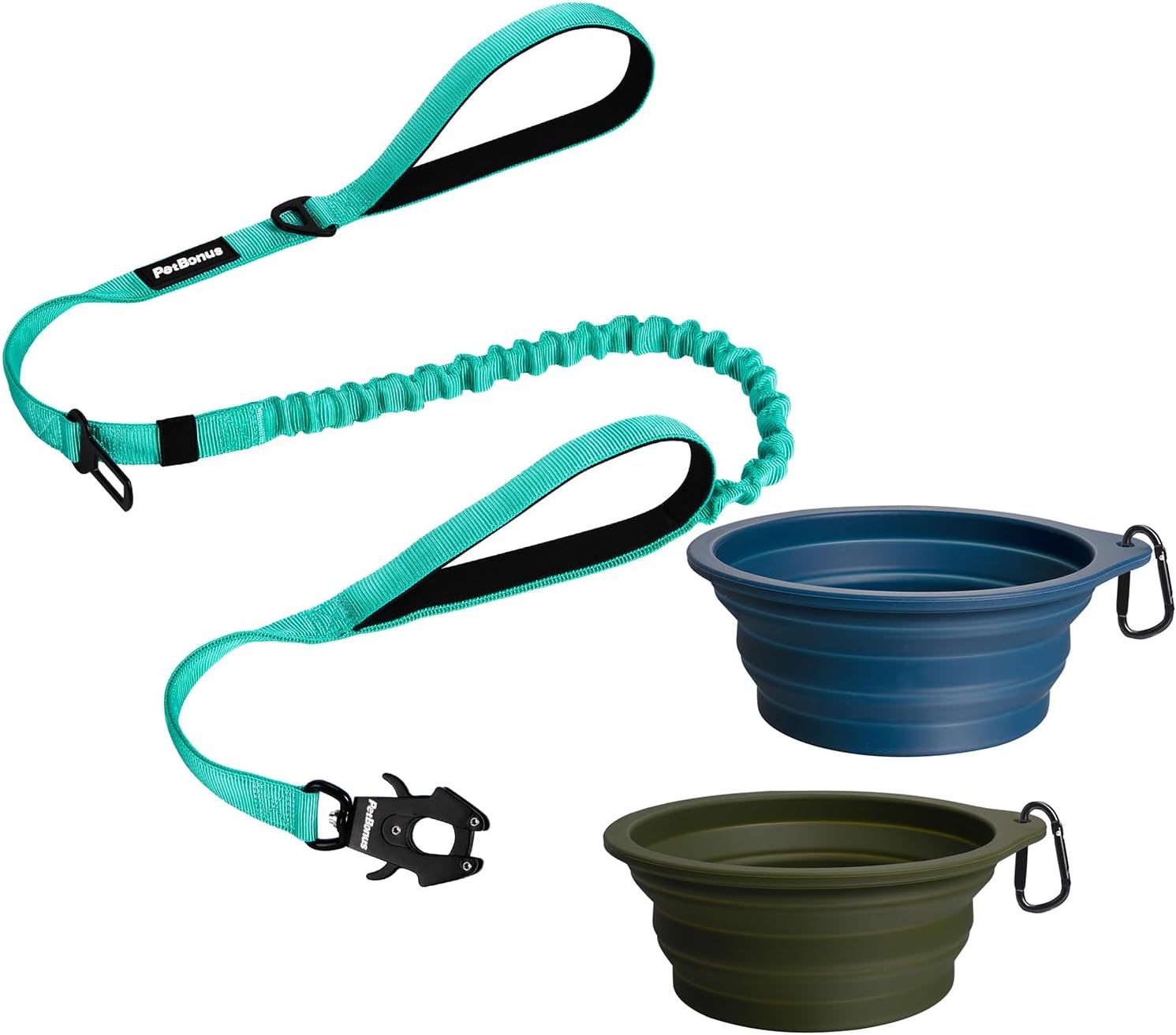 PetBonus Heavy Duty Tactical Dog Leash and 2-Pack Large Silicone Collapsible Dog Bowls