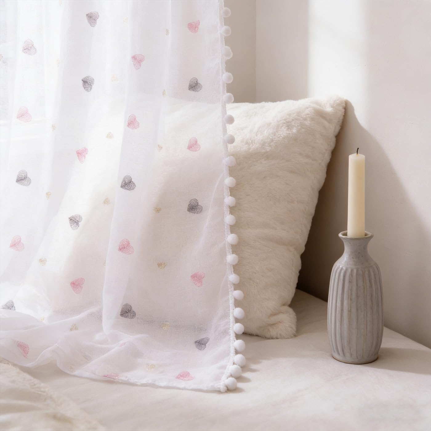 Pom Pom Sheer Curtain 84 Inch Length Heart Shaped Embroidery Light Filtering Boho Voile Window Treatment Rod Pocket Draperies for Bedroom and Living Room 52" x 84", White, Set of 2 Panels