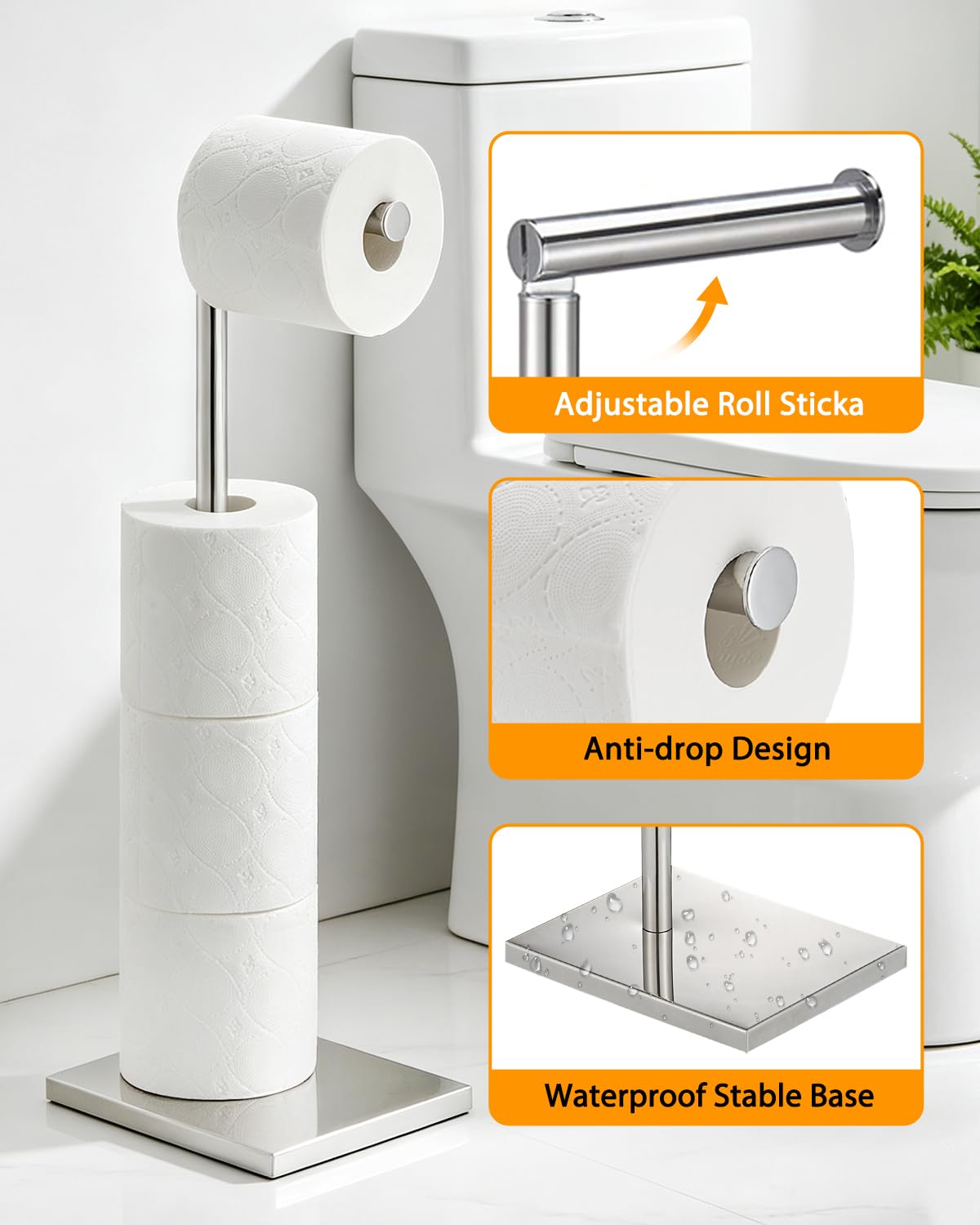 Toilet Paper Holder Stand, Stainless Steel Free Standing Toilet Paper Holder with Reserve for Bathroom, Modern Toilet Paper Stand, Chrome, YOFOVI — Amazon image 6