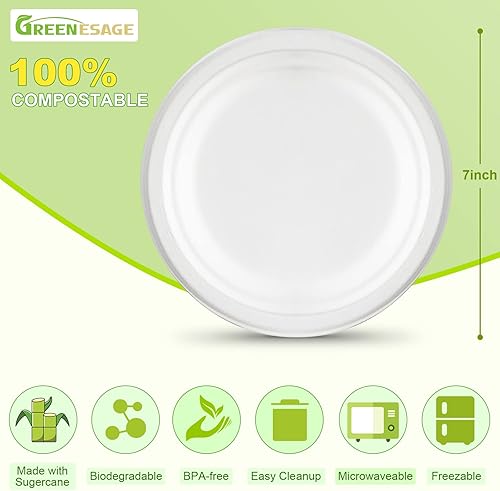 Miniatura 6 de Paquete de 50 platos de papel pequeños, platos de postre de papel de 7 pulgadas, platos desechables ecológicos 100% compostables, platos de papel