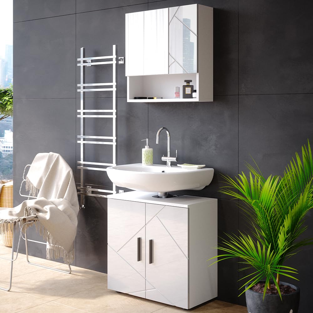 Vicco Set mobili bagno Irma, Bianco lucido, 80 cm, composto da specchio da bagno e mobile sottolavabo