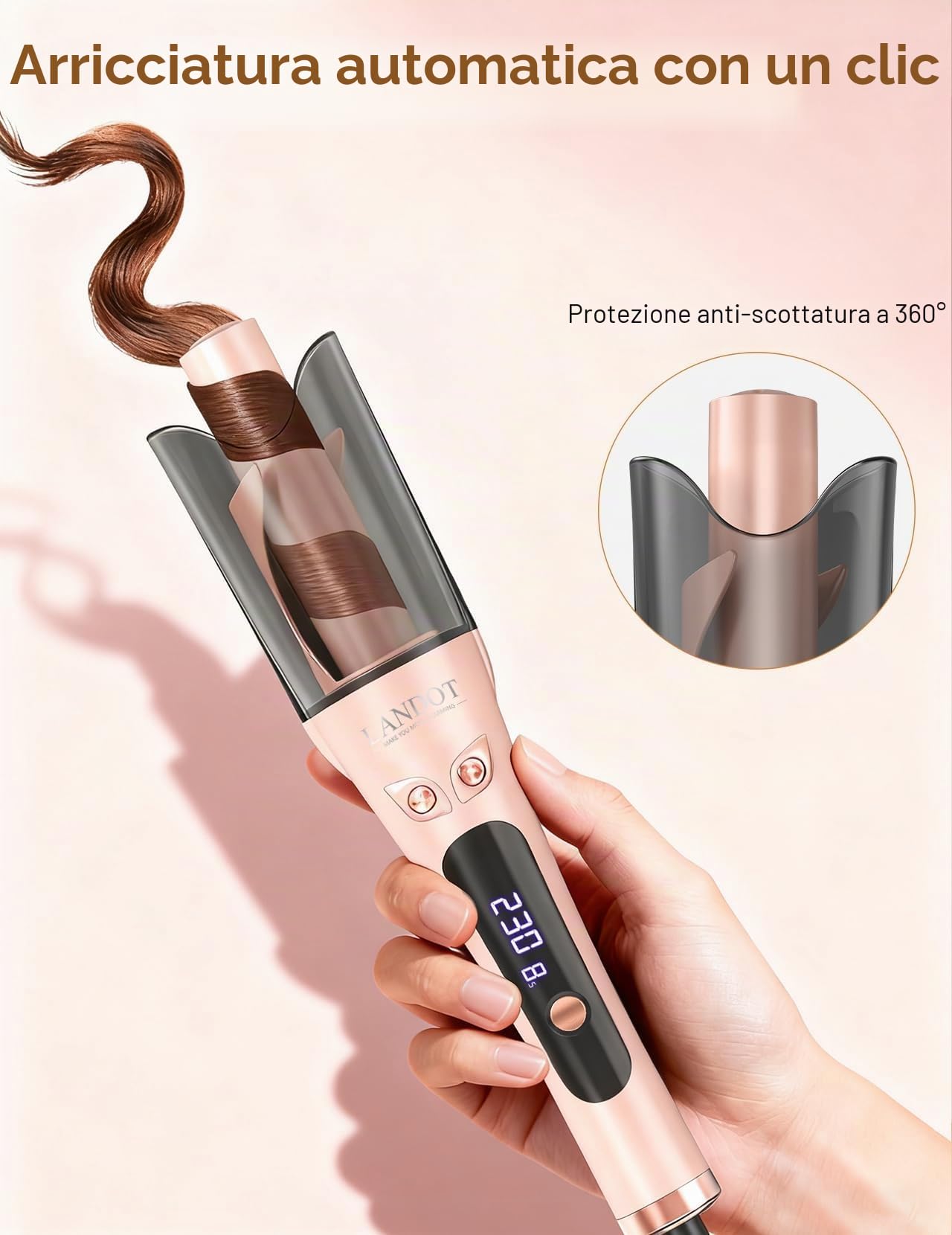 LANDOT Ferro Arricciacapelli Automatico 25mm, Oro Rosa - Anti-Scaldatura per Ricci Perfetti, 8 Temperatura 150-220°C per Capelli Fini e Spessi