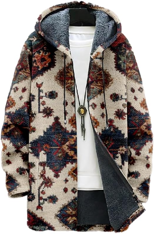 Retro Sweatshirts for Men Full Zipper Warm Fleece Winter Jacket Graphic Print Comfy Casual Long Hoodies with Pocket