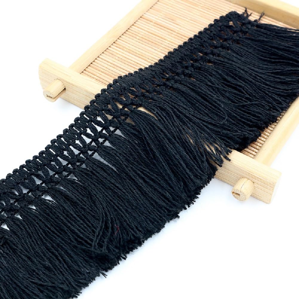 Yalulu 10 Yards Cotton Tassel Fringe Trim Lace Fibre, 2.36inch Tassel Ribbon Sewing Boho Macrame for Clothing Curtain Pillow Carpet Lamp Shade Home Decoration (Black)