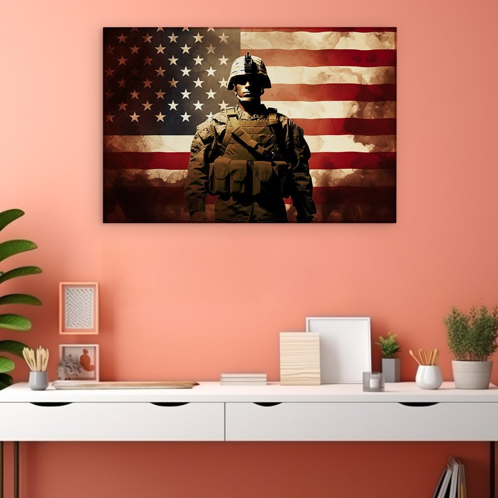 Canvas for Living room. Steadfast Guardian: A Soldier's Silent Vigil Beneath the Old Glory, 27 x 18 inch Canvas Wall Art - Modern Home Decor - 69x46 cm (27x18 inch)