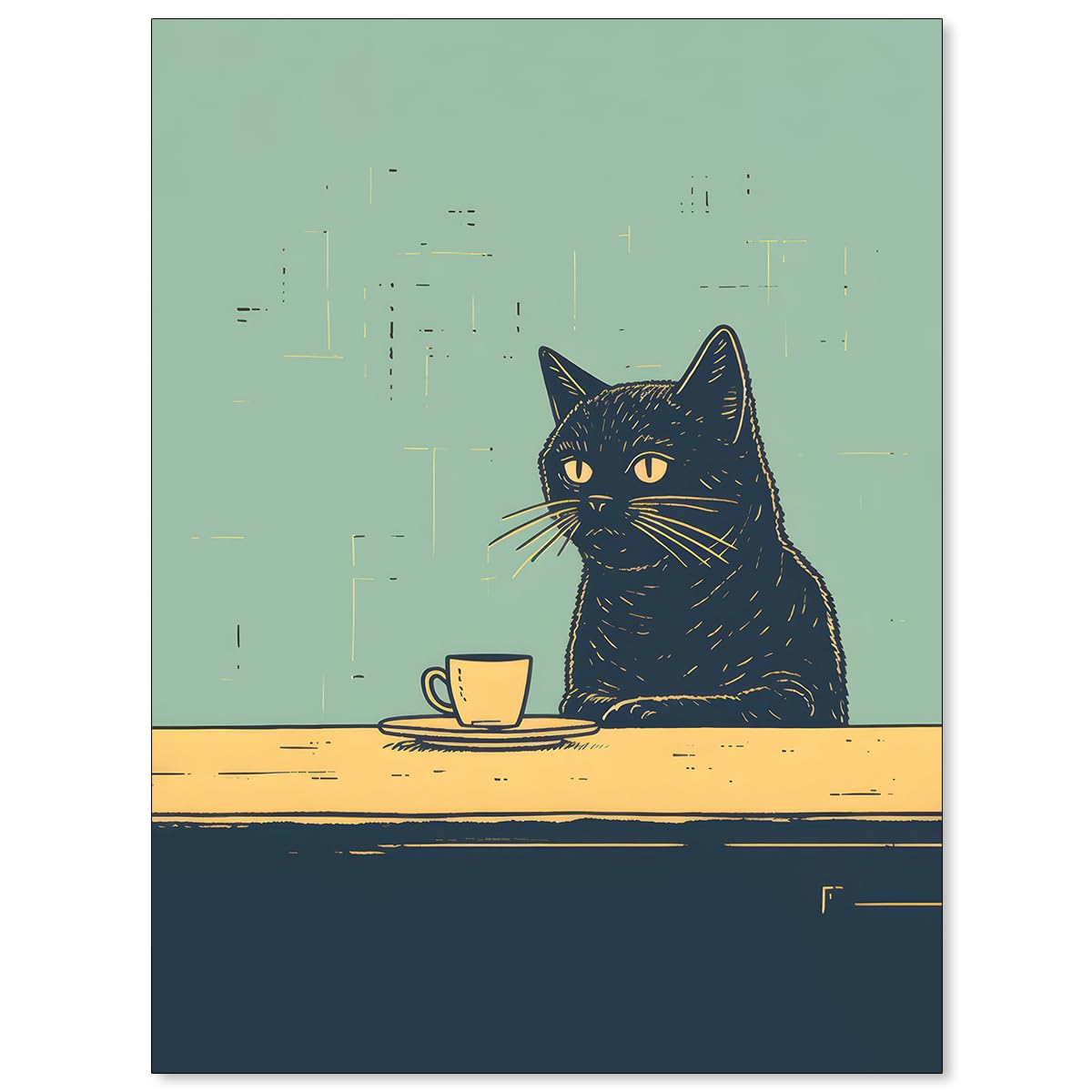 Heltrappe Black Cat Drinking Coffee Poster Vintage Cute Animal Wall Art Trendy Minimalist Abstract Painting Cat Lovers Club Canvas Prints for Cafe