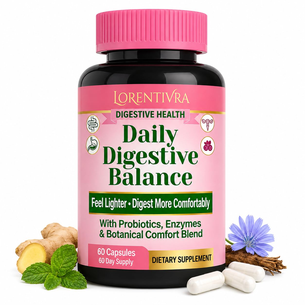 Daily Gut Health Supplement, 13 Digestive Enzymes, Prebiotics, Probiotics & Magnesium Complex, Support Whole Body Digestive Wellness & Gut Balance, Shelf Stable, 60 Capsules