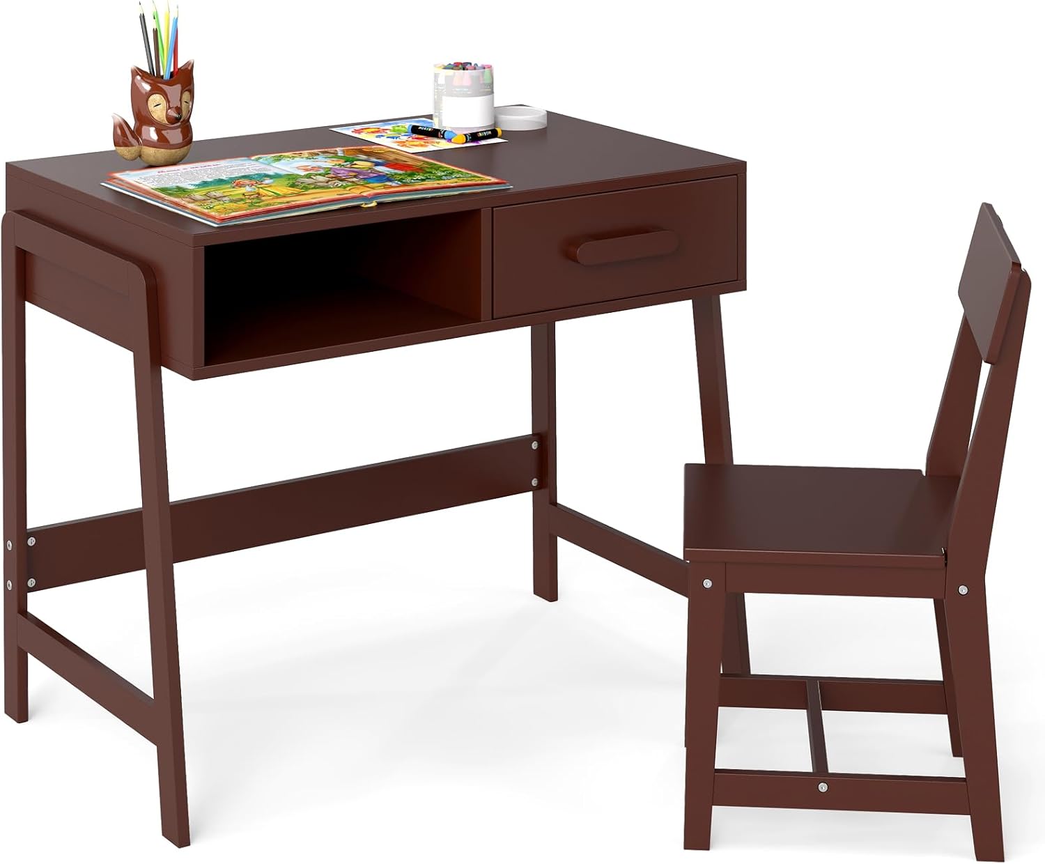 Costzon Kids Desk and Chair Set, Wooden Children Table with Drawer, Student Writing Table Computer Workstation for 3-8 Years Old, Kids Study Desk for Bedroom, School (Brown)