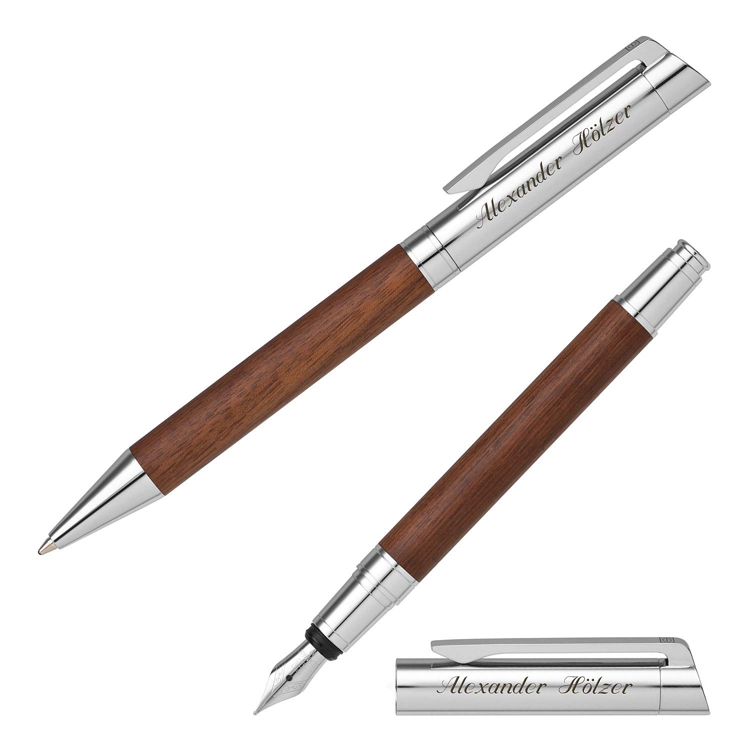Senator Schreibset TIZIO 6252 Nussbaumholz Kugelschreiber Füller mit persönlicher Gravur und Geschenk-Etui
