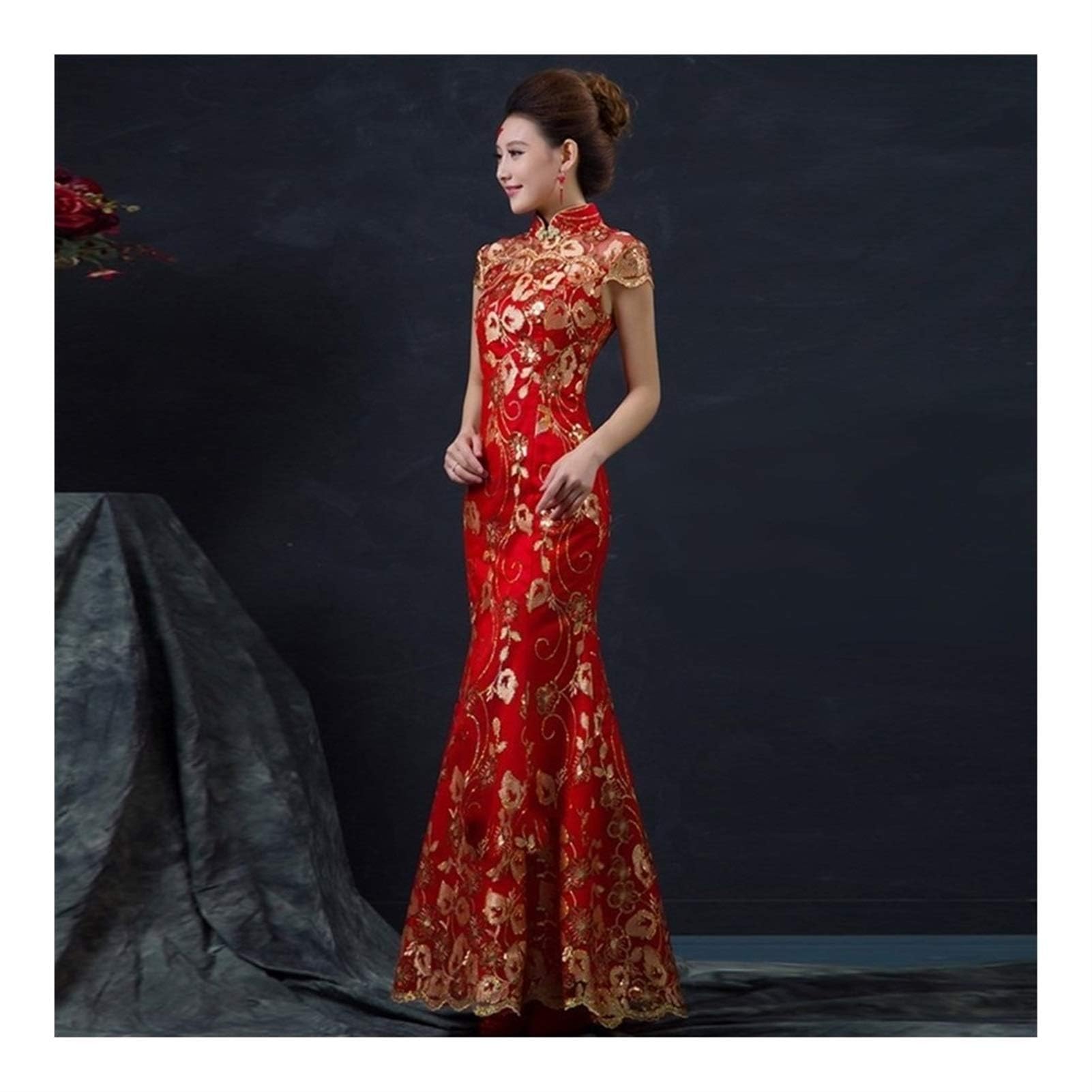 Vestido de Novia Chino Rojo para Mujer, Cheongsam Largo de Manga Corta, Dorado, Ajustado, Tradicional Chino, Qipao para Mujer, para Fiesta de Boda, cómodo