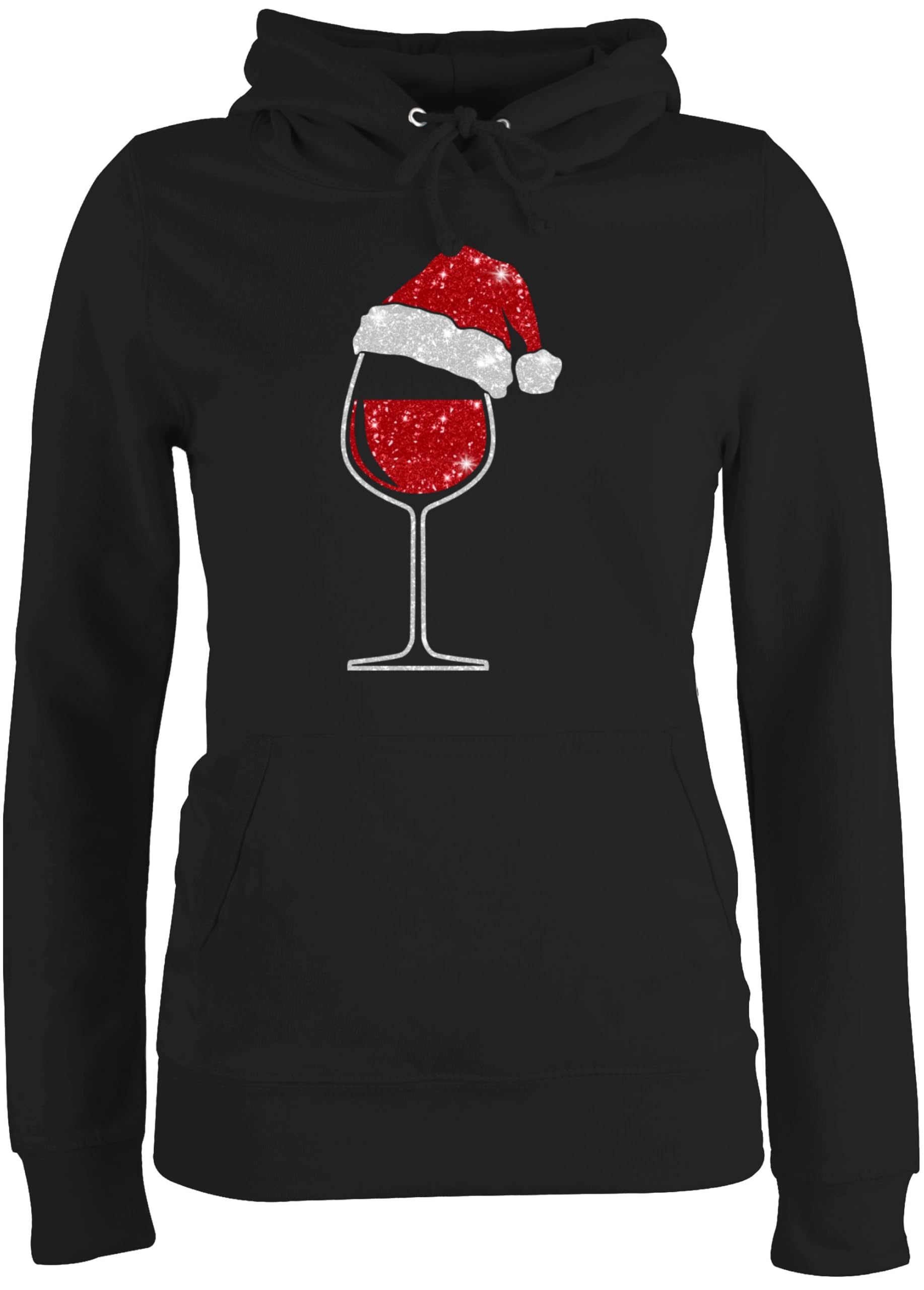 Pullover Damen Hoodie Frauen - Weinglas mit Weihnachtsmütze I Weihnachtsmotiv Wein I Geschenk Weinliebhaber Weihnachten - M - Schwarz - Weihnachtspullover weihnachtspullis Christmas Xmas Hoody