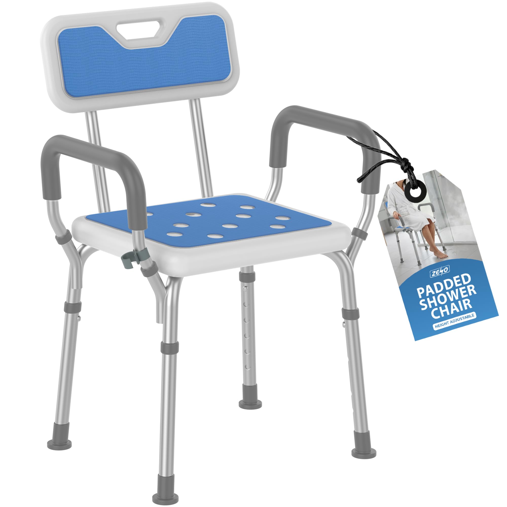 ZENO Shower Chair | Bath Chair for Elderly and Disabled | EVA Padded Shower Stool with Back and Arms, 6 Height Adjustable, 4 Suction Foot Pads | Easy To Assemble | Blue