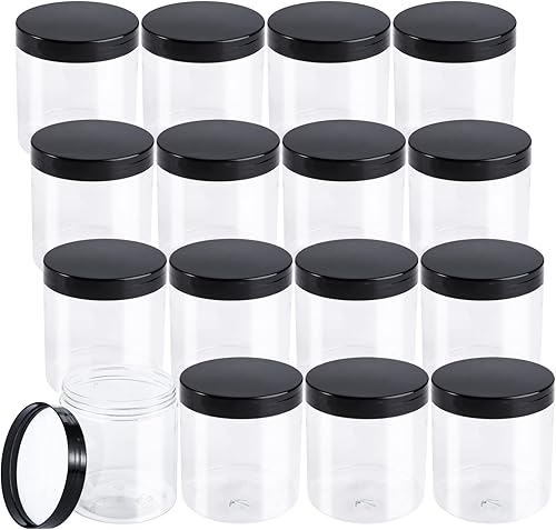 Tosnail Paquete de 16 tarros de plástico transparente de 17 onzas con tapas negras, recipientes redondos a prueba de fugas seguros para alimentos,