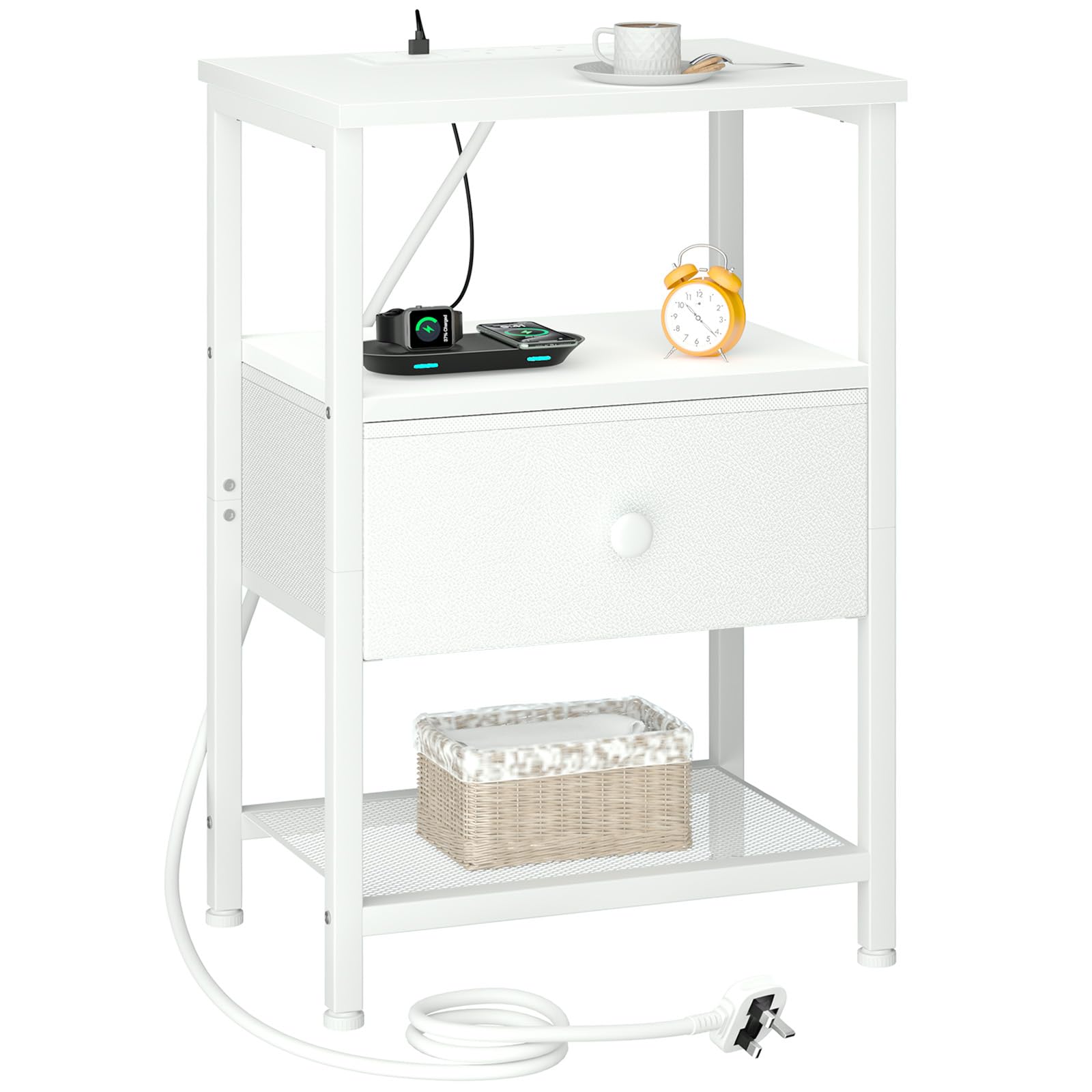 LOAKEKEL Bedside Table with Charging Station, Small Side Table with Fabric Drawer, Bedside Cabinet with Open Storage Shelf, Sofa Side Table, Nightstand for Living Room, Bedroom, White UHETS010WT-1 — image 1