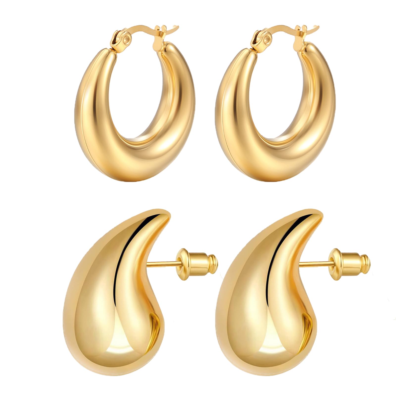 Funte® Chunky Gold Hoop Earrings For Women 18k Gold Plated Earrings Hypoallergenic Sterling Silver hoop earrings Lightweight Gold Hoop Earrings with Sterling Silver Post For Women Girls(Gold/Sliver)