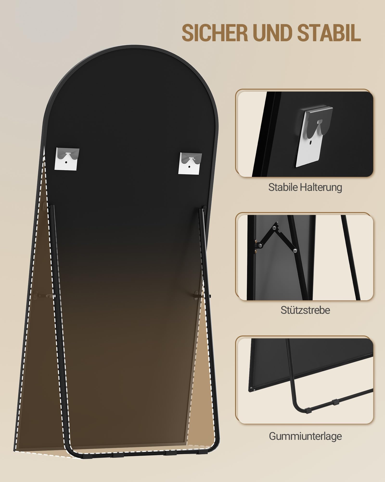 Hzuaneri Ganzkörperspiegel, 180 x 76 cm, Standspiegel mit Ständer, Ganzkörperspiegel zur Wandmontage, Hartglas, Rahmen aus Aluminiumlegierung, Für Schlafzimmer, Wohnzimmer,Schwarz DM42199B
