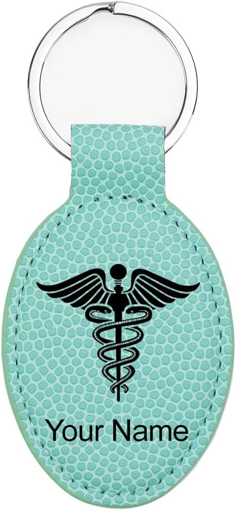 LaserGram Oval Keychain, Caduceus Medical Symbol, Personalized Engraving Included (White with Silver)
