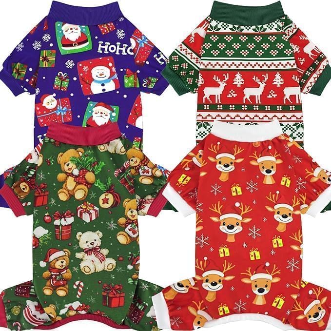 XPUDAC 4 Pieces Dog Pajamas for Small Dogs Pjs Clothes Puppy Onesies Outfits for Doggie Christmas Shirts Sleeper for Pet, XS