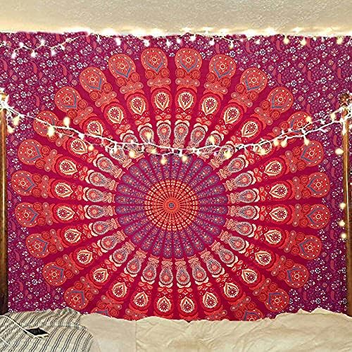 Bless International Indian hippie Bohemian Psychedelic Peacock Mandala Wall hanging Bedding Tapestry (Golden Blue, Twin (54x72Inches)(140x185cms))