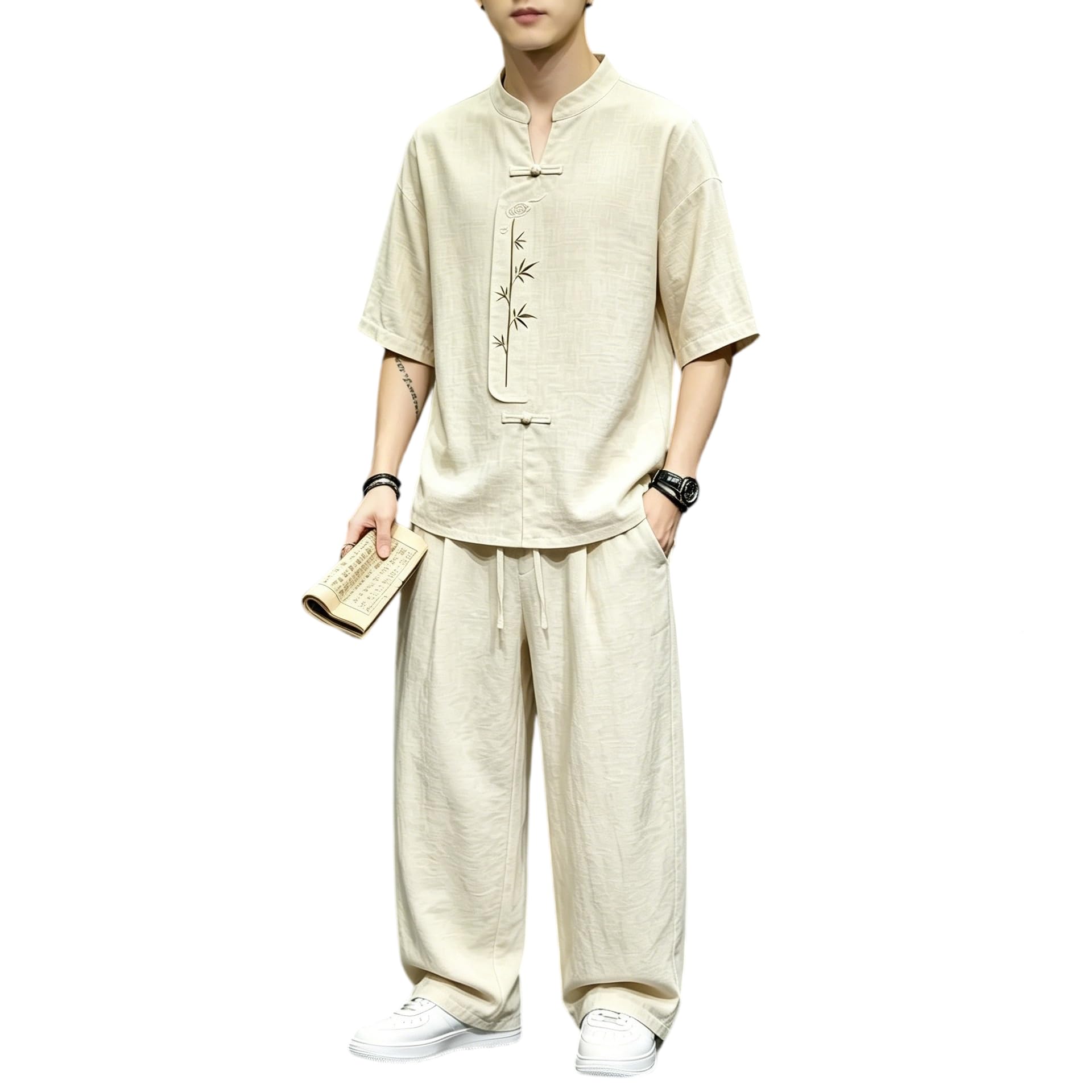 Set 2 pezzi da uomo ricamato con maglia a maniche corte | Ricamo ramo,Abbottonatura a rana,Pantaloni larghi,Abbigliamento primaverile