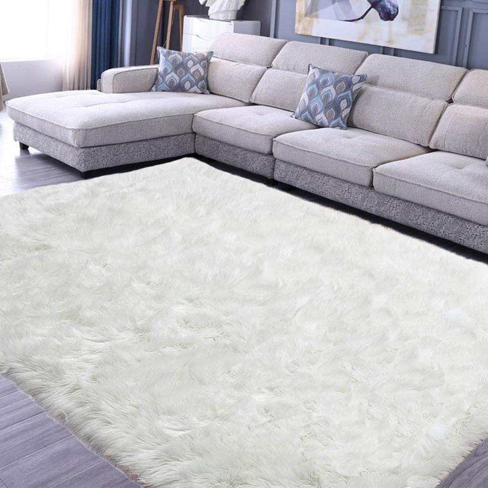 Shaggy Vloerkleed Kunstbont - Dik Pluizig Tapijt Antislip - Wit 120x180 Cm Voor Woonkamer & Slaapkamer