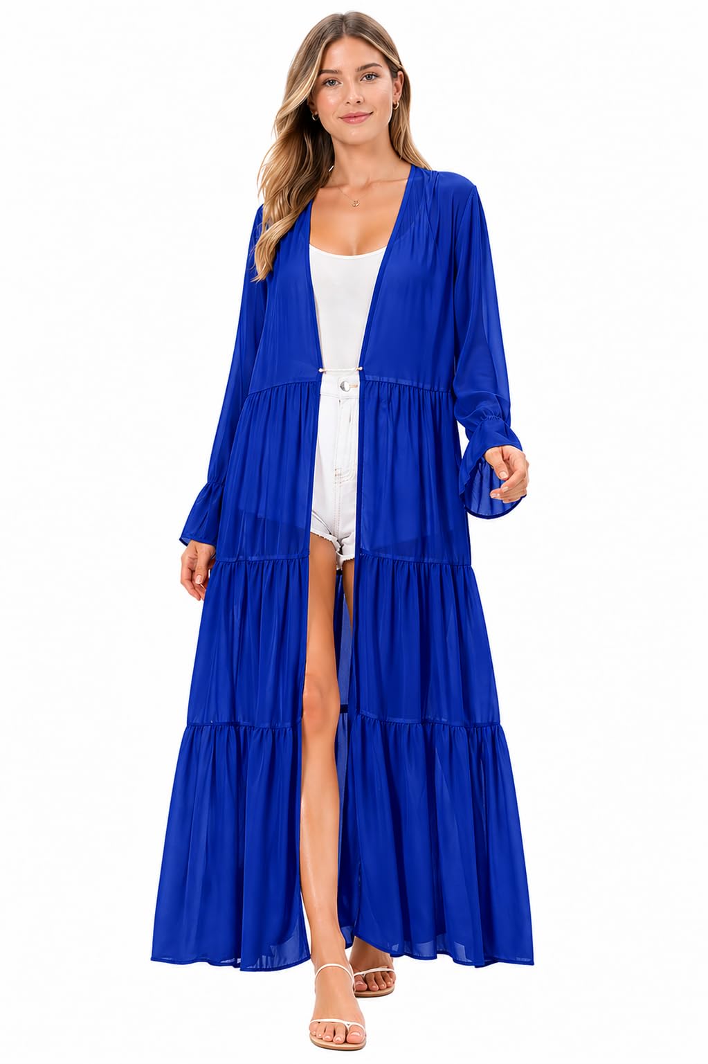 mrugneni Women's Long Tiered Kimono Shrug, Faux Georgette, Open Front, Bell Sleeves, Beach Cover-Up, 127 cm Length-picture-13