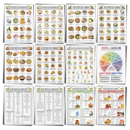 Sinload 12 pósteres de lista de dieta para reflujo ácido, tabla de plan de comidas para alivio de Gerd, lista de comestibles para cáncer de estómago y gastritis