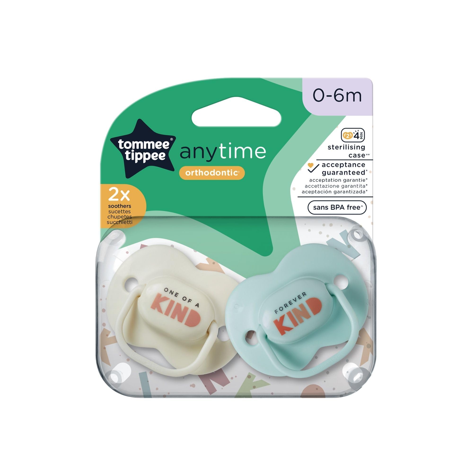 Anytime Dummies, Symmetrical Orthodontic Design, BPA-Free Silicone, 0-6m, Pack of 2, Colours May Vary