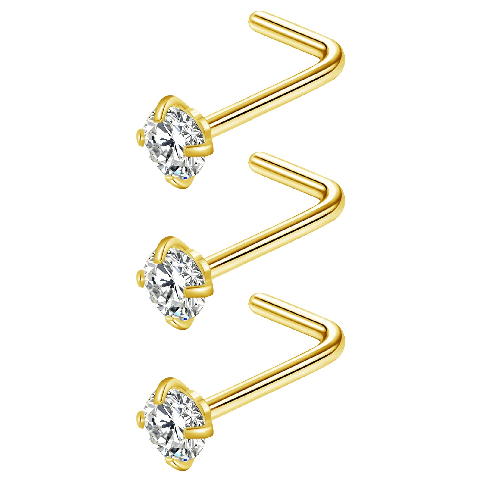 3 Pcs Nose Studs Nose Piercings Nose Rings L Shaped Nose Piercing Jewelry Gold 20G Stainless Steel Nose Ring Nose Stud 20 Gauge Nose Jewelry Cute Nose Studs Nose Rings for Women Men Nose Rings Studs Curved Shaped Real Nostril Nose Piercing Stud Nose Rings 2.5mm Round Diamond CZ - Yellow Gold