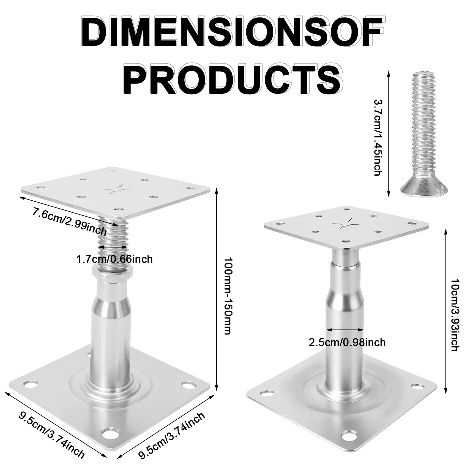 Lot de 4 supports de poteau réglables en hauteur avec 16 vis, supports réglables en hauteur de 100 à 140 mm, pour clôtures, abris, abris de voiture, pergolas, travaux de construction
