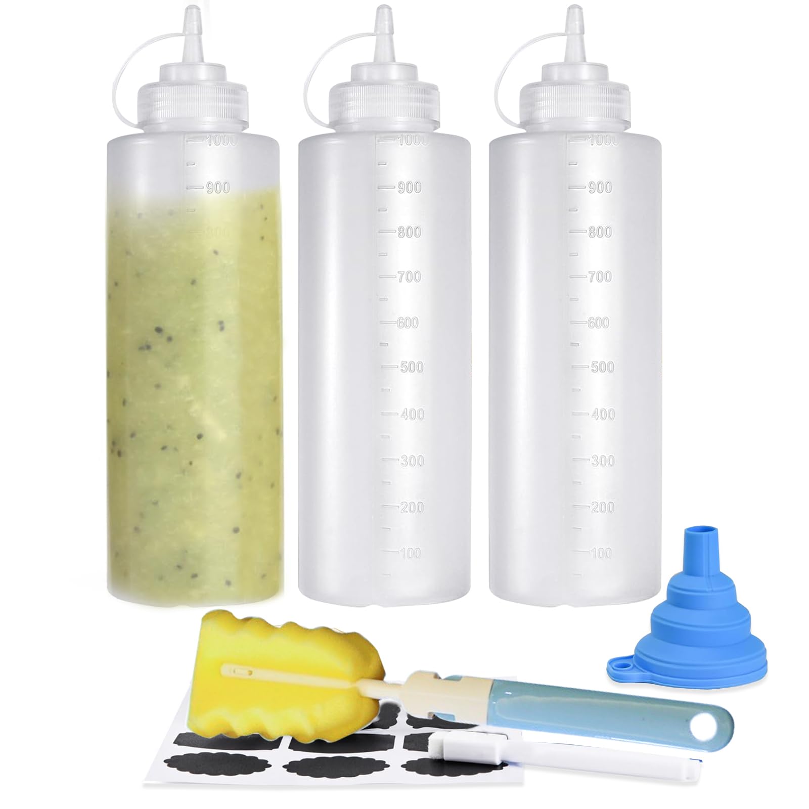 CafullCon 3 Pack Sauce Bottle, 1000ml Plastic squeezy bottles with nozzles, Multipurpose condiment bottle for Ketchup, Squeezy Squirt Bottles for BBQ, Sauces, Syrup, Salad Dressing, Oil, Liquids, Art