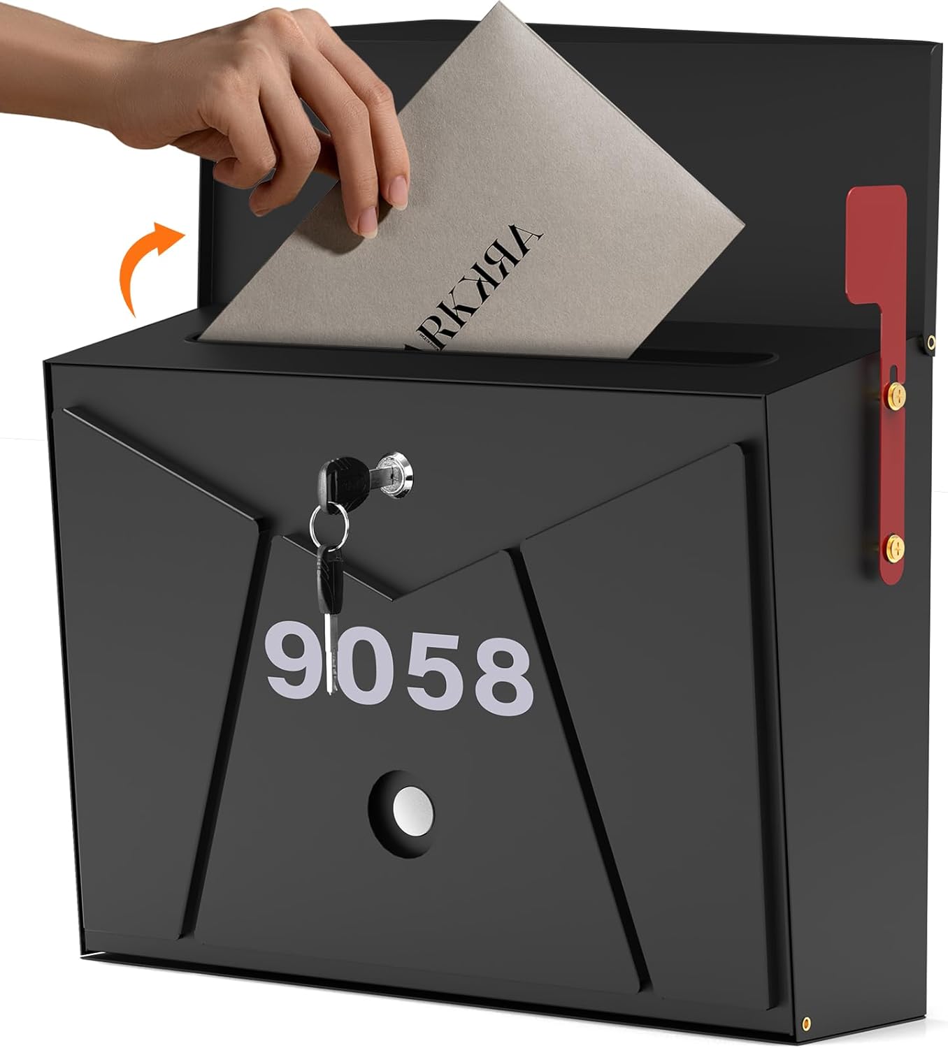 15.7" Width Mailbox Wall Mount with Key Lock & Red Flag, Rust-Proof Metal Mail Box with Waterproof Number Stickers for Outside, Lockable Drop Mail Box for House Apartment 12" H x 4.92" D