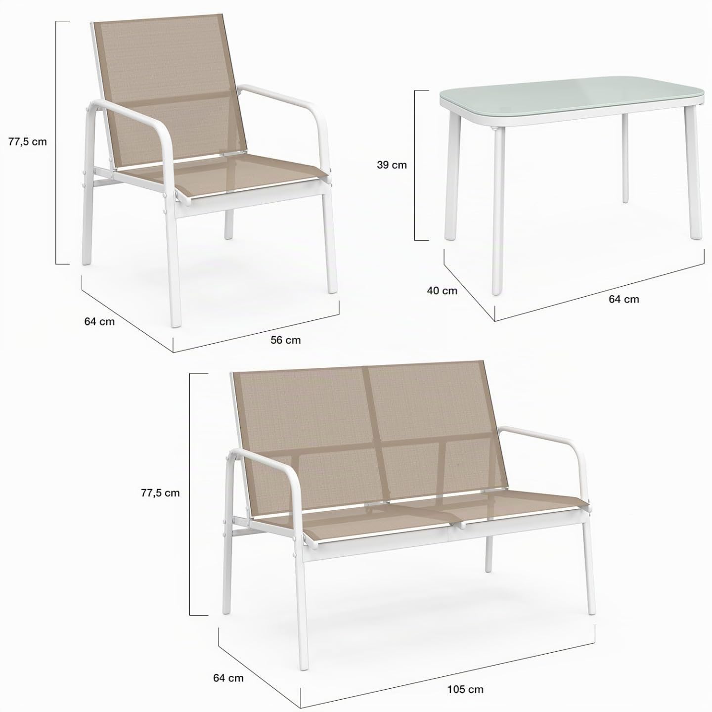 IDMarket - Conjunto de muebles de jardín bajo TOLEDE 4 plazas con sofá, sillones y mesa, color blanco y beige