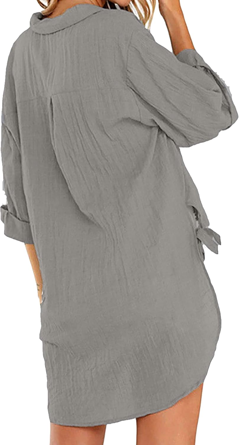 Bozanly Casual V Neck 3/4 Sleeve Button Down Shirts High Low Oversized Summer Beach Blouse Tops for Women - Image 3