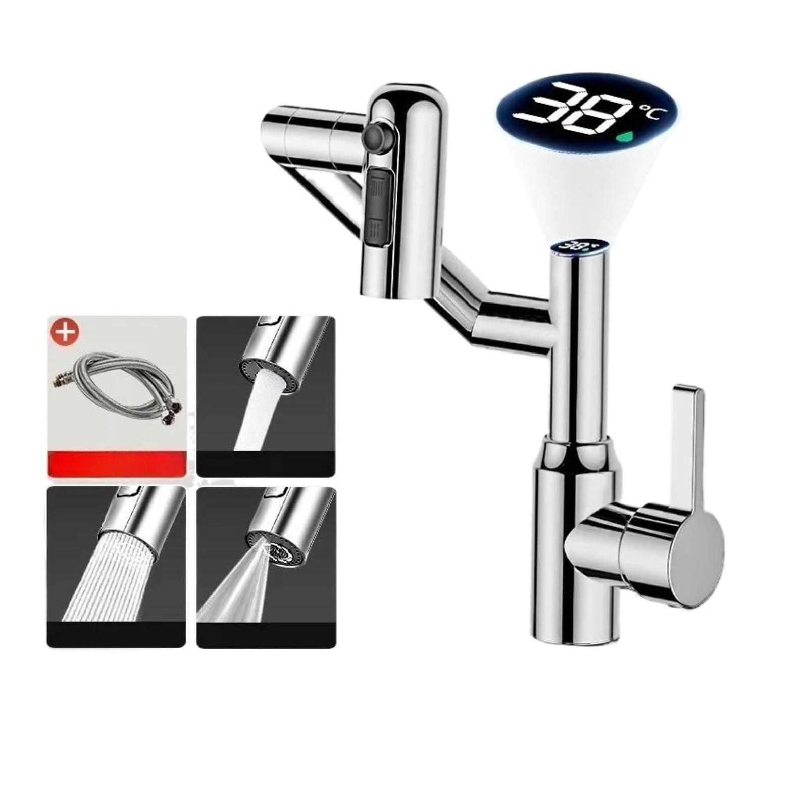 Stainless Steel Bathroom Faucet, 360° Swivel Basin Mixer Tap with LED Display, Stream & Sprayer,Safe and Reliable(Silver)