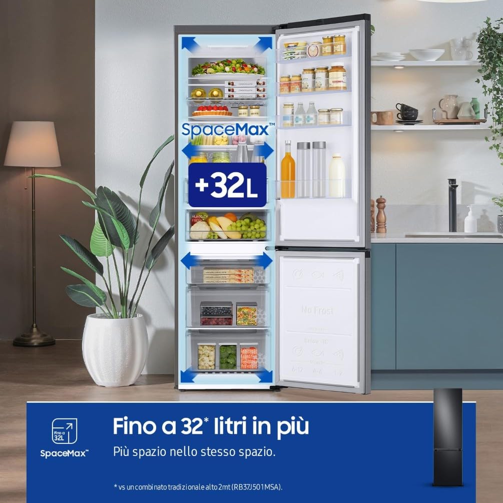 Samsung BESPOKE AI RB38C7B6AB1/EF Frigorifero Combinato, WiFi, SpaceMax, Twin Cooling Plus, Total No Frost, Motore Digital Inverter Garantito 20 Anni, 387 L, LxAxP: 59,5 x 203 x 65,8 cm, Antracite