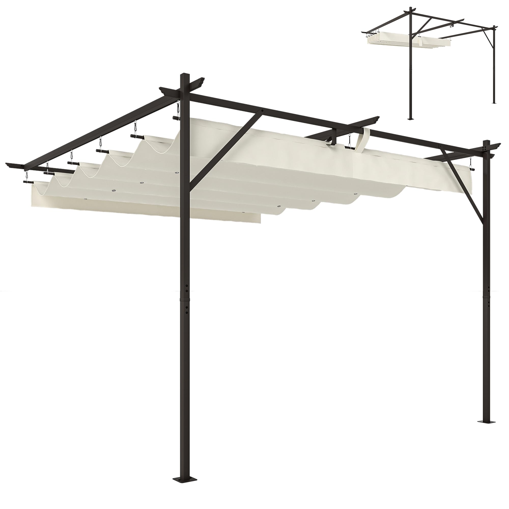 Outsunny Pérgola de Pared de Jardín 3x3 m, Cenador de Jardín con Techo Retráctil, Protección UPF30+, Orificios de Drenaje y Estructura Metálica, Pabellón para Patio, Terraza, Exterior, Blanco Crema