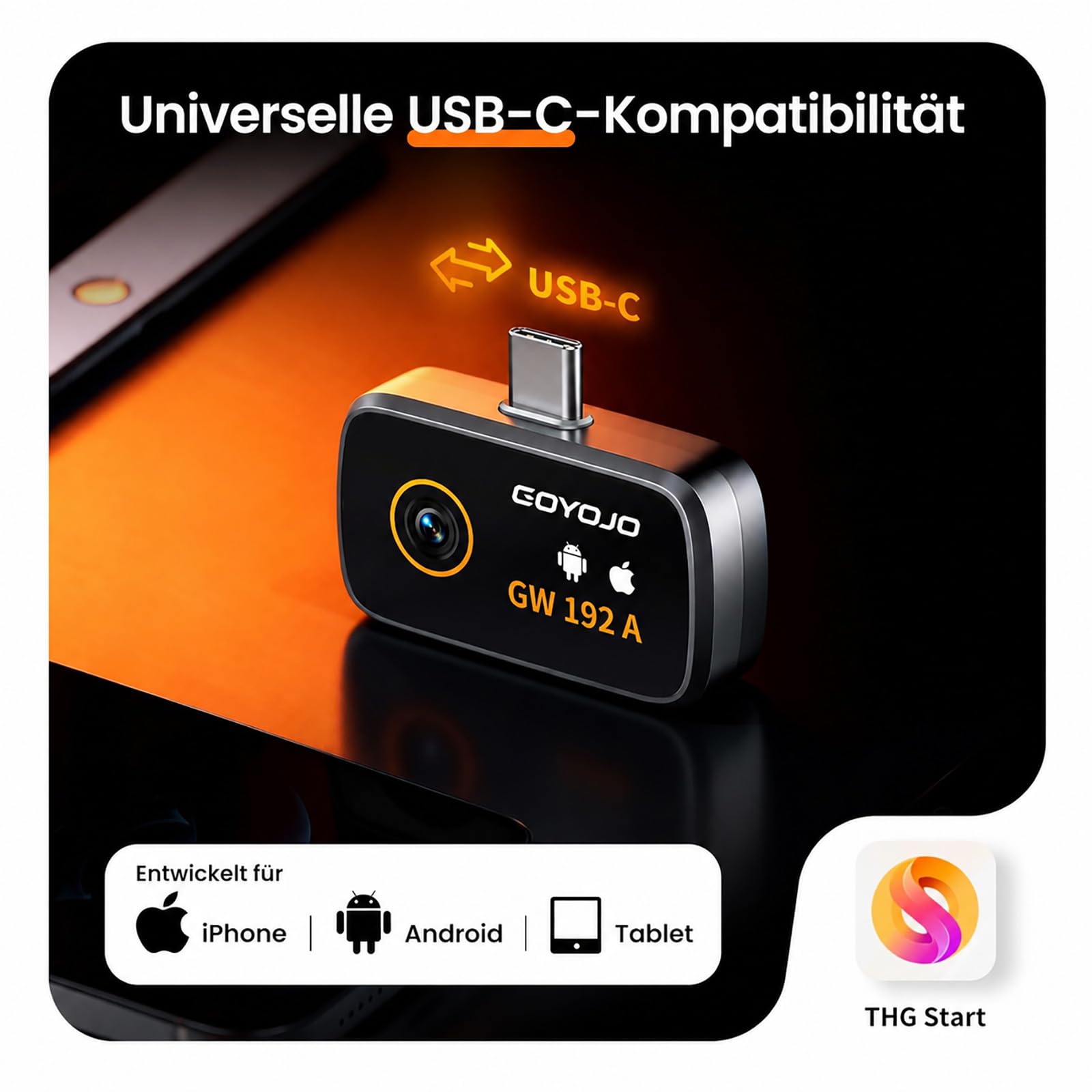 GOYOJO Wärmebildkamera Handy, 192 x 192 IR-Auflösung, Infrarotkamera für Android & iPhone 15/16/17, 50° Weitwinkel, -20 °C bis 400 °C, für Lecksuche, Hausinspektion, Elektroprüfung & Kfz-Diagnose